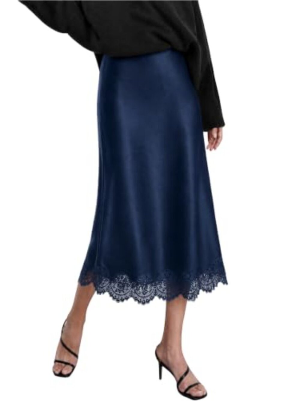 Women's Satin Midi Skirt High Waist A-Line Lace Hem Silk Look
